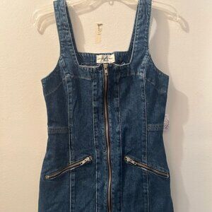 We The Free Free People Johnny Blue Denim Zip Square Neck Strap Mini Dress NWT